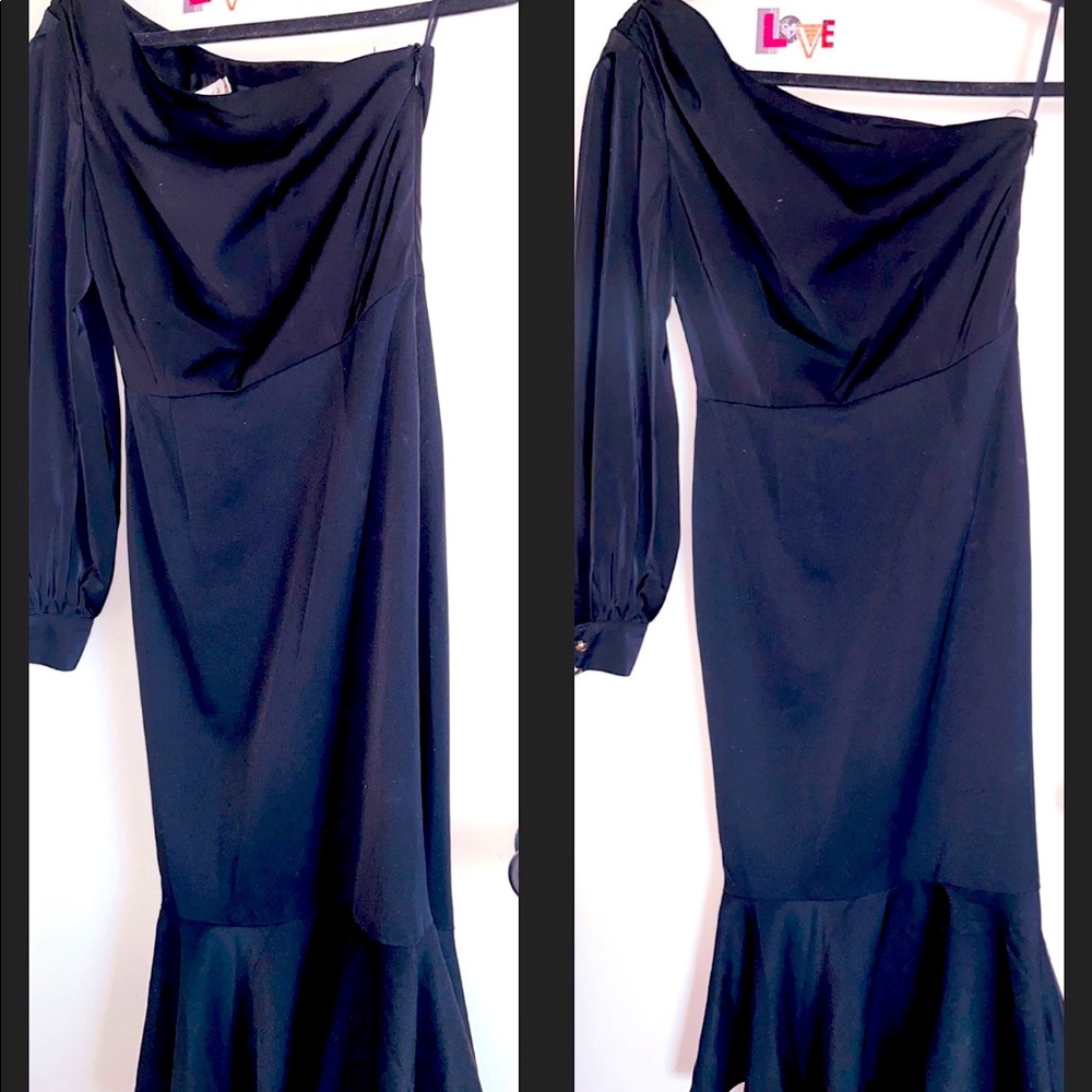 One sleeve sleek small black dress